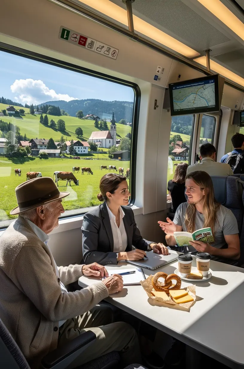 Reisende mit leichtem Gepäck steigen entspannt in einen Zug ein und genießen eine stressfreie Fahrt ohne Auto